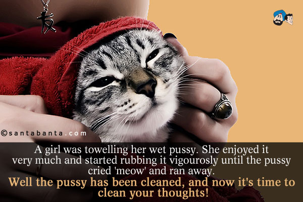 A girl was towelling her wet pussy.<br />
She enjoyed it very much and started rubbing it vigourosly until the pussy cried 'meow' and ran away.<br /><br />
Well the pussy has been cleaned, and now it's time to clean your thoughts!