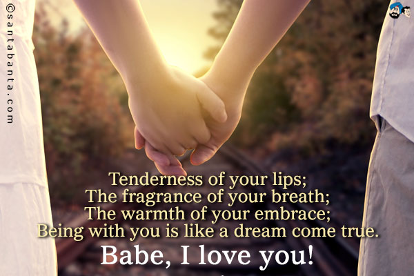 Tenderness of your lips;<br />
The fragrance of your breath;<br />
The warmth of your embrace;<br />
Being with you is like a dream come true.<br />
Babe, I love you!