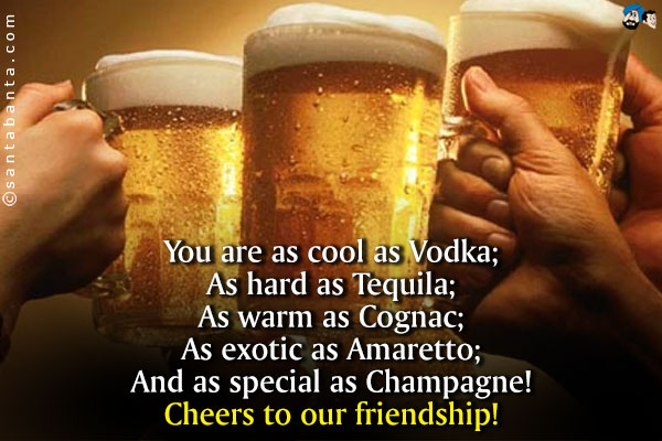 You are as cool as Vodka;<br />
As hard as Tequila;<br />
As warm as Cognac;<br />
As exotic as Amaretto;<br />
And as special as Champagne!<br />
Cheers to our friendship!
