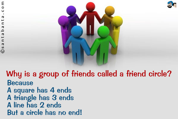 Why is a group of friends called a friend circle?<br />
Because<br />
A square has 4 ends<br />
A triangle has 3 ends<br />
A line has 2 ends<br />
But a circle has no end!