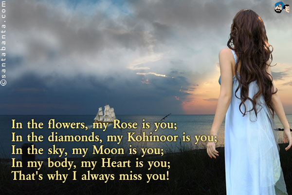 In the flowers, my Rose is you;<br />
In the diamonds, my Kohinoor is you;<br />
In the sky, my Moon is you;<br />
In my body, my Heart is you;<br />
That's why I always miss you!
