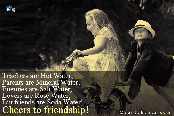 Teachers are Hot Water;<br />
Parents are Mineral Water;<br />
Enemies are Salt Water;<br />
Lovers are Rose Water;<br />
But friends are Soda Water!<br />
Cheers to friendship!