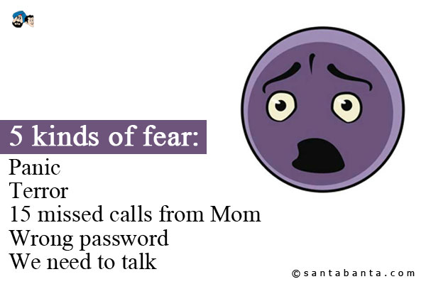 5 kinds of fear:<br />
Panic<br />
Terror<br />
15 missed calls from Mom<br />
Wrong password<br />
We need to talk