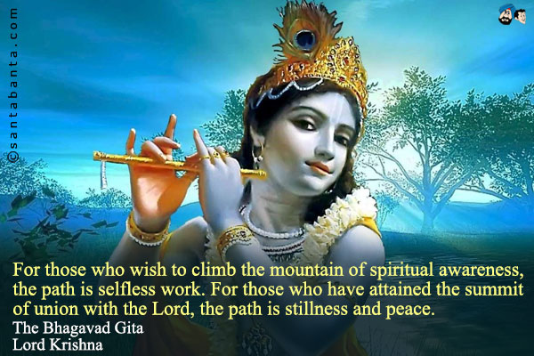 For those who wish to climb the mountain of spiritual awareness, the path is selfless work. For those who have attained the summit of union with the Lord, the path is stillness and peace.<br />
The Bhagavad Gita