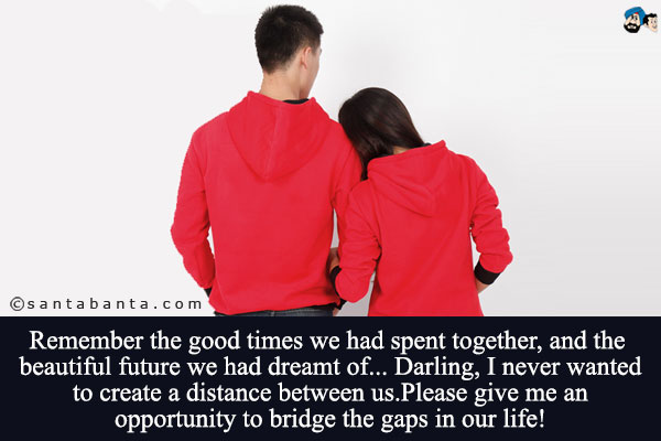 Remember the good times we had spent together, and the beautiful future we had dreamt of...<br />
Darling, I never wanted to create a distance between us.<br />
Please give me an opportunity to bridge the gaps in our life!
