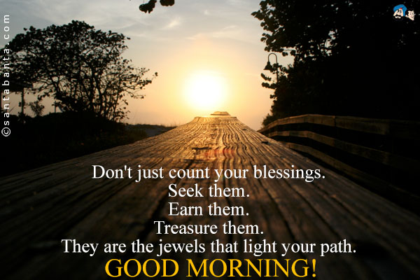 Don't just count your blessings.<br />
Seek them.<br />
Earn them.<br />
Treasure them.<br />
They are the jewels that light your path.<br />
Good Morning!