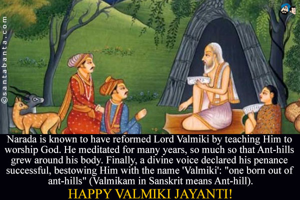 Narada is known to have reformed Lord Valmiki by teaching Him to worship God. He meditated for many years, so much so that Ant-hills grew around his body. Finally, a divine voice declared his penance successful, bestowing Him with the name 'Valmiki': `one born out of ant-hills` (Valmikam in Sanskrit means Ant-hill).
Happy Valmiki Jayanti!