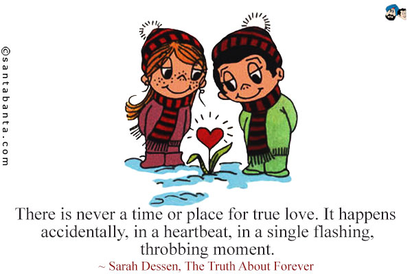 There is never a time or place for true love. It happens accidentally, in a heartbeat, in a single flashing, throbbing moment.