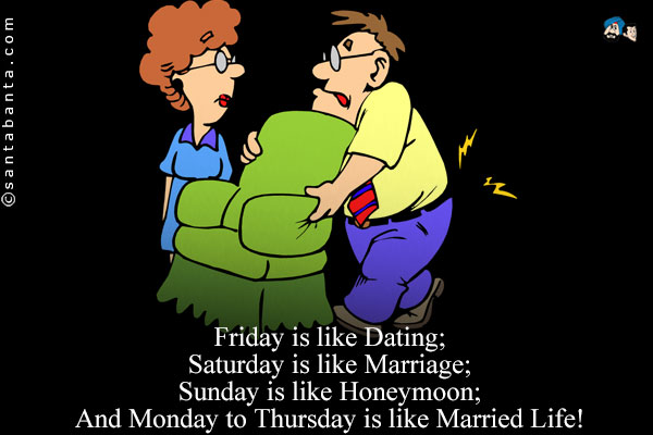 Friday is like Dating;<br />
Saturday is like Marriage;<br />
Sunday is like Honeymoon;<br />
And Monday to Thursday is like Married Life!