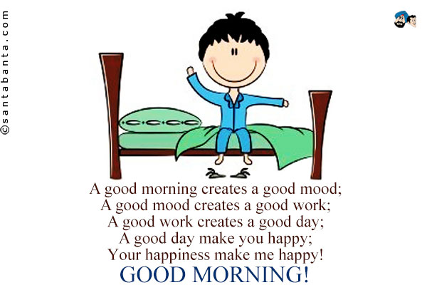 A good morning creates a good mood;<br/>
A good mood creates a good work;<br/>
A good work creates a good day;<br/>
A good day make you happy;<br/>
Your happiness make me happy!<br/>
Good Morning!