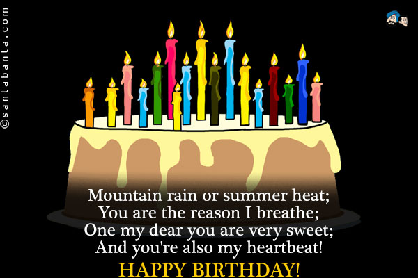 Mountain rain or summer heat;<br />
You are the reason I breathe;<br />
One my dear you are very sweet;<br />
And you're also my heartbeat!<br />
Happy Birthday!