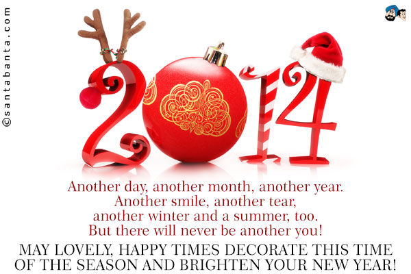 Another day, another month, another year.<br />
Another smile, another tear, another winter and a summer, too.<br />
But there will never be another you!<br />
May lovely, happy times decorate this time of the season and brighten your New Year!