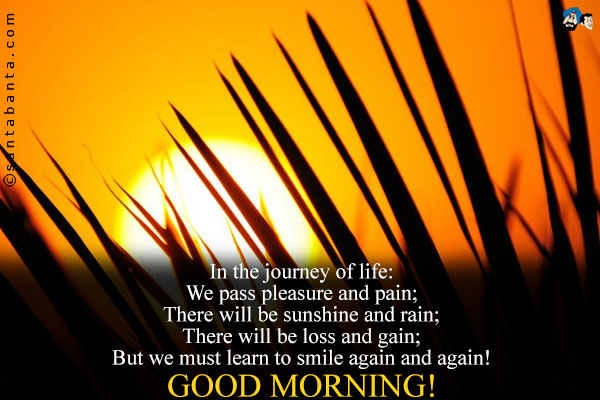In the journey of life:<br />
We pass pleasure and pain;<br />
There will be sunshine and rain;<br />
There will be loss and  gain;<br />
But we must learn to smile again and again!<br />
Good Morning!