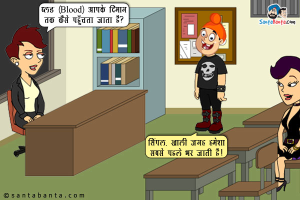 टीचर पप्पू से: ब्लड(Blood) आपके दिमाग तक कैसे पहुँचता है?<br/>
पप्पू: सिंपल, खाली जगह हमेशा सबसे पहले भर जाती है।