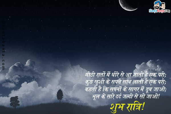 मीठी रातों में धीरे से आ जाती है एक परी;<br/>
कुछ ख़ुशी के सपने साथ लाती है एक परी;<br/>
कहती है कि सपनों के सागर में डूब जाओ;<br/>
भूल के सारे दर्द जल्दी से सो जाओ।<br/>
शुभरात्रि!