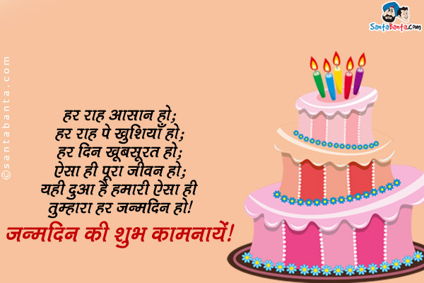 हर राह आसान हो;<br/>
हर राह पे खुशियाँ हो;<br/>
हर दिन खूबसूरत हो;<br/>
ऐसा ही पूरा जीवन हो;<br/>
यही दुआ है हमारी ऐसा ही तुम्हारा हर जन्मदिन हो।<br/>
जन्मदिन की शुभ कामनायें!