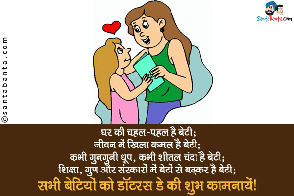 घर की चहल-पहल है बेटी;<br/>
जीवन में खिला कमल है बेटी;<br/>
कभी गुनगुनी धूप, कभी शीतल चंदा है बेटी;<br/>
शिक्षा, गुण और संस्कारों में बेटों से बढ़कर है बेटी।<br/>
सभी बेटियों को डॉटरस डे की शुभ कामनायें!