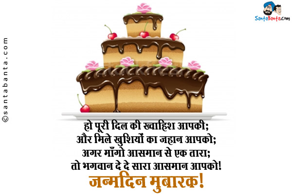 हो पूरी दिल की ख्वाहिश आपकी;<br/>
और मिले खुशियों का जहान आपको;<br/>
अगर माँगो आसमान से एक तारा;<br/>
तो भगवान दे दे सारा आसमान आपको।<br/>
जन्मदिन मुबारक!