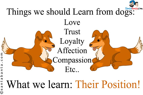 Things we should Learn from dogs:<br/>
Love<br/>
Trust<br/>
Loyalty<br/>
Affection<br/>
Compassion<br/>
Etc..<br/><br/>

What we learn: Their Position!