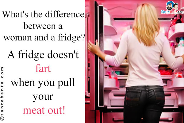 What's the difference between a woman and a fridge?<br />
A fridge doesn't fart when you pull your meat out!