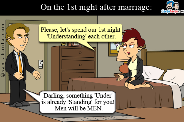 On the 1st night after marriage:<br />
Wife: Please, let's spend our 1st night 'Understanding' each other.<br />
Husband: Darling, something 'Under' is already 'Standing' for you!

Men will be MEN.