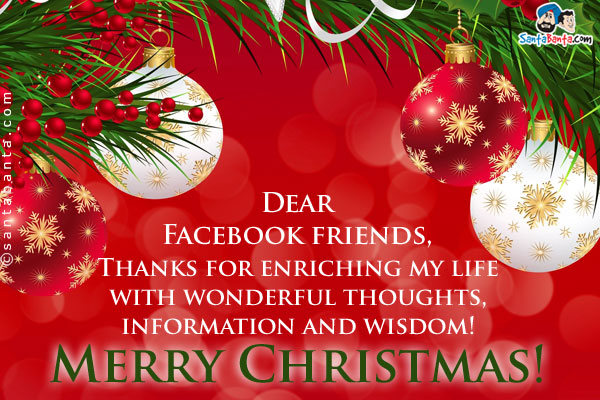 Dear Facebook friends,<br/>

Thanks for enriching my life with wonderful thoughts, information and wisdom!<br/>
Merry Christmas!