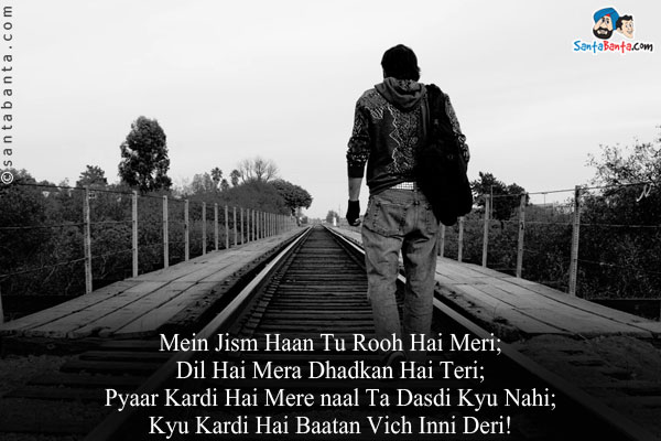 Mein Jism Haan Tu Rooh Hai Meri;<br/>
Dil Hai Mera Dhadkan Hai Teri;<br/>
Pyaar Kardi Hai Merenaal Ta Dasdi Kyu Nahi;<br/>
Kyu Kardi Hai Baatan Vich Inni Deri!