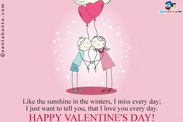 Like the sunshine in the winters, I miss every day;<br/>
I just want to tell you, that I love you every day.<br/>
Happy Valentine's Day!