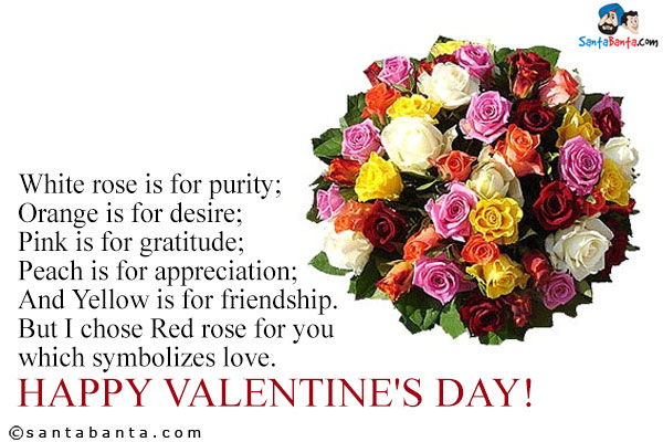 White rose is for purity;<br />
Orange is for desire;<br />
Pink is for gratitude;<br />
Peach is for appreciation;<br />
And Yellow is for friendship.<br />
But I chose Red rose for you which symbolizes love.<br />
Happy Valentine's Day!