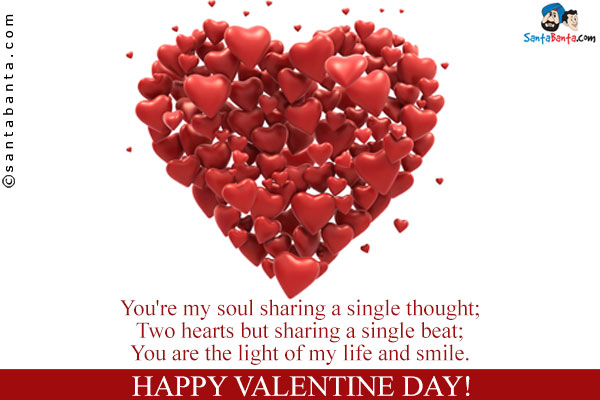 You're my soul sharing a single thought;<br/>
Two hearts but sharing a single beat;<br/> 
You are the light of my life and smile.<br/>
Happy Valentine Day!