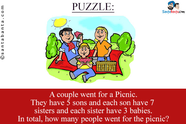 A couple went for a Picnic. They have 5 sons and each son have 7 sisters and each sister have 3 babies.<br/>
 
In total, how many people went for the picnic?