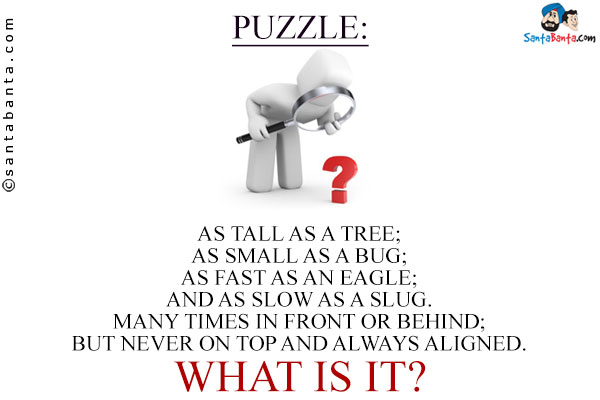 As tall as a tree;<br/>
As small as a bug;<br/>
As fast as an eagle;<br/>
And as slow as a slug.<br/>
Many times in front or behind;<br/>
But never on top and always aligned.<br/>
What is it?