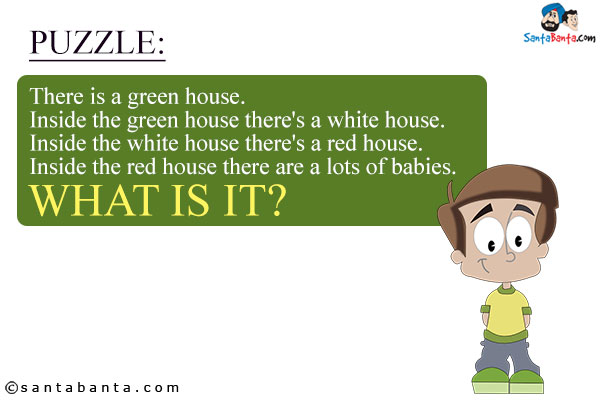 There is a green house. Inside the green house there's a white house. Inside the white house there's a red house. Inside the red house there are a lots of babies.<br/>
What is it?