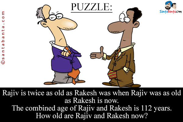 Rajiv is twice as old as Rakesh was when Rajiv was as old as Rakesh is now.<br/>

The combined age of Rajiv and Rakesh is 112 years. How old are Rajiv and Rakesh now?