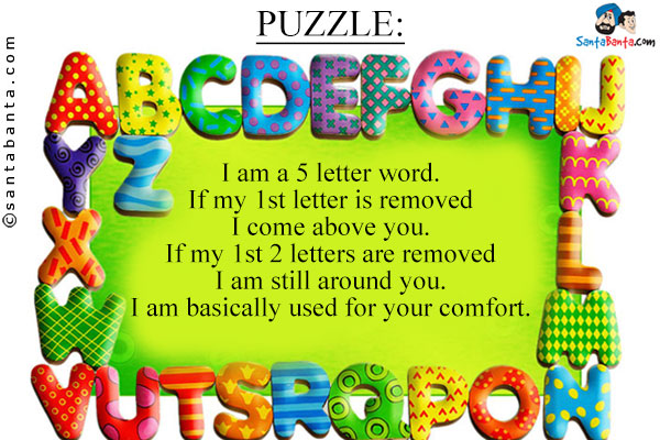 I am a 5 letter word.<br/>
If my 1st letter is removed I come above you.<br/>
If my 1st 2 letters are removed I am still around you.<br/>
I am basically used for your comfort.