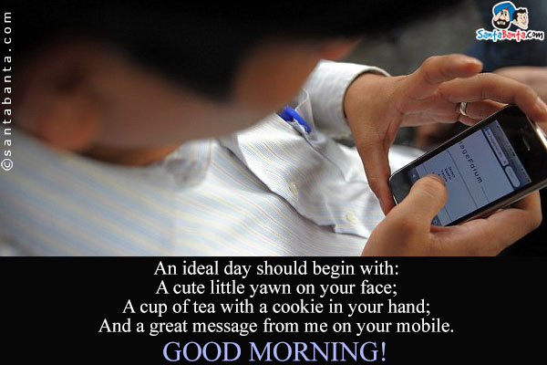 An ideal day should begin with:<br/>
A cute little yawn on your face;<br/>
A cup of tea with a cookie in your hand;<br/>
And a great message from me on your mobile.<br/>
Good Morning!