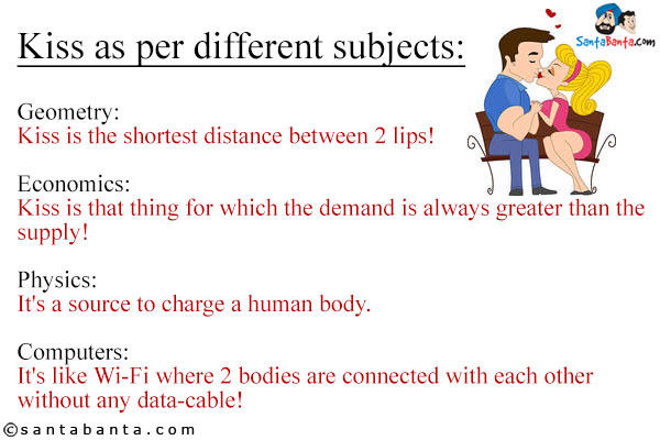 Kiss as per different subjects:<br /><br />
Geometry:<br />
Kiss is the shortest distance between 2 lips!<br />
Economics:<br />
Kiss is that thing for which the demand is always greater than the supply!<br />
Physics:<br />
It's a source to charge a human body.<br />
Computers:<br />
It's like Wi-Fi where 2 bodies are connected with each other without any data-cable!