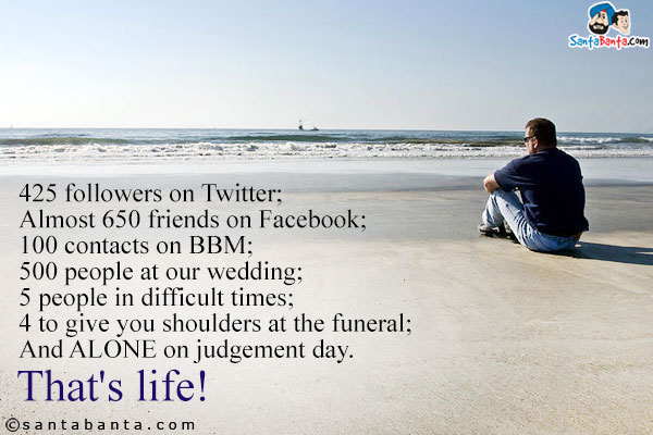 425 followers on Twitter;<br/>
Almost 650 friends on Facebook;<br/>
100 contacts on BBM;<br/>
500 people at our wedding;<br/>
5 people in difficult times;<br/>
4 to give you shoulders at the funeral;<br/>
And ALONE on judgement day.<br/>
That's life!