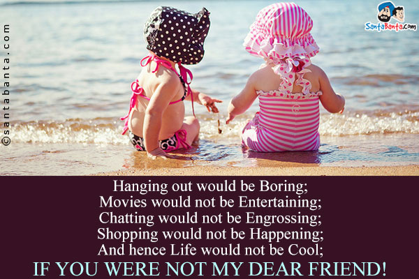 Hanging out would be Boring;<br />
Movies would not be Entertaining;<br />
Chatting would not be Engrossing;<br />
Shopping would not be Happening;<br />
And hence Life would not be Cool;<br />
If you were not my dear friend!