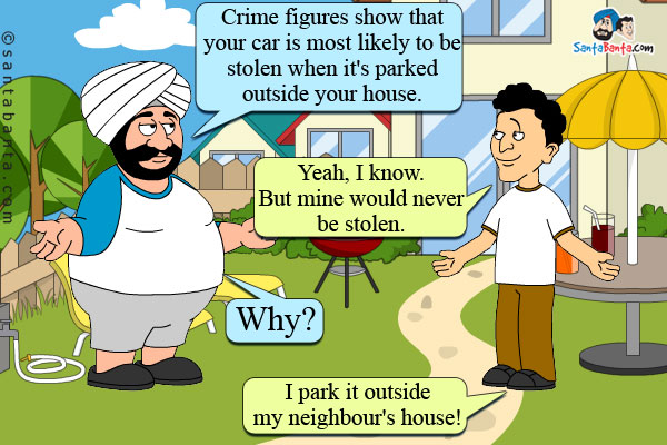 Santa: Crime figures show that your car is most likely to be stolen when it's parked outside your house.<br />
Banta: Yeah, I know. But mine would never be stolen.<br />
Santa: Why?<br />
Banta: I park it outside my neighbour's house!