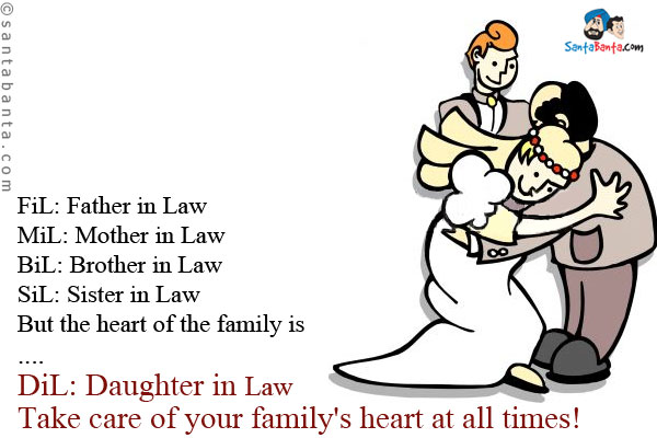 FiL: Father in Law<br />
MiL: Mother in Law<br />
BiL: Brother in Law<br />
SiL: Sister in Law<br />
But the heart of the family is<br />
.<br />
.<br />
.<br />
.<br />
DiL: Daughter in Law<br />
Take care of your family's heart at all times!