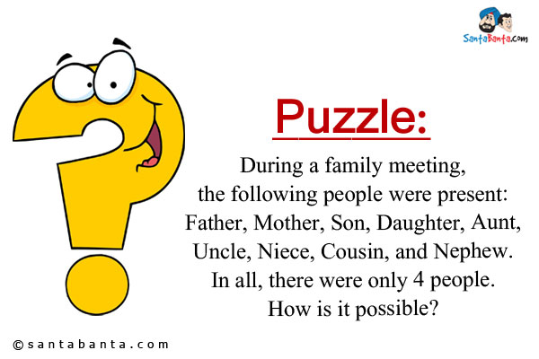 During a family meeting, the following people were present:<br/>
Father, Mother, Son, Daughter, Aunt, Uncle, Niece, Cousin, and Nephew. In all, there were only 4 people.<br />
How is it possible?