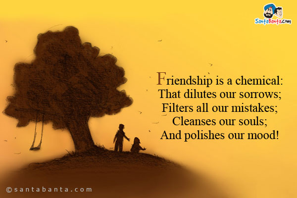 Friendship is a chemical:<br />
That dilutes our sorrows;<br />
Filters all our mistakes;<br />
Cleanses our souls;<br />
And polishes our mood!