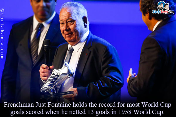 Frenchman Just Fontaine holds the record for most World Cup goals scored when he netted 13 goals in 1958 World Cup.