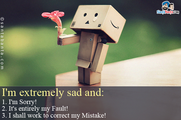 I'm extremely sad and:<br />
1. I'm Sorry!<br />
2. It's entirely my Fault!<br />
3. I shall work to correct my Mistake!