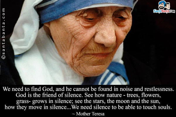 We need to find God, and he cannot be found in noise and restlessness. God is the friend of silence. See how nature - trees, flowers, grass- grows in silence; see the stars, the moon and the sun, how they move in silence... We need silence to be able to touch souls.