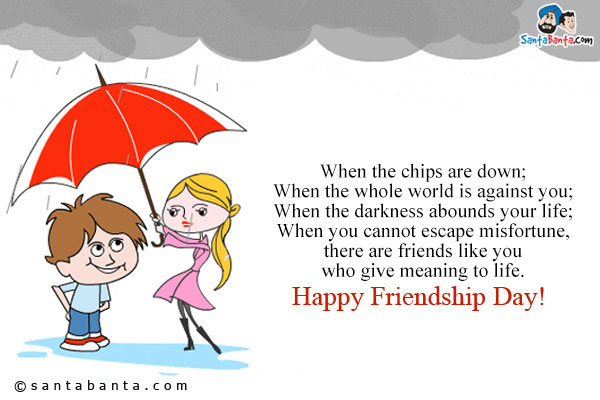 When the chips are down;<br />
When the whole world is against you;<br />
When the darkness abounds your life;<br />
When you cannot escape misfortune, there are friends like you who give meaning to life.<br />
Happy Friendship Day!