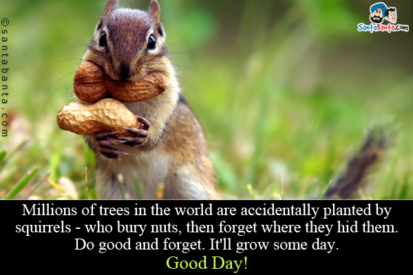 Millions of trees in the world are accidentally planted by squirrels - who bury nuts, then forget where they hid them.
Do good and forget. It'll grow some day.<br />                      Good Day!