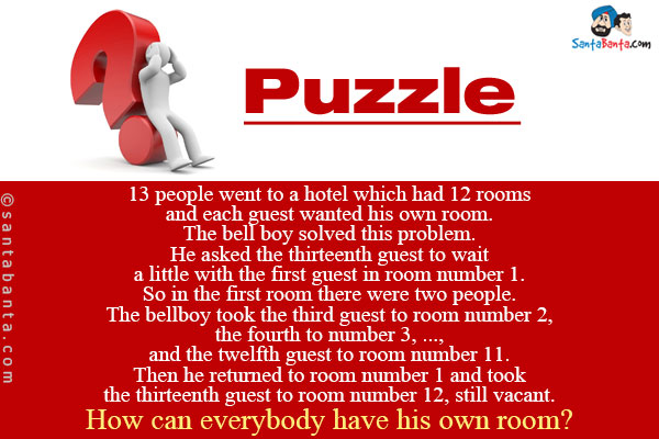 13 people went to a hotel which had 12 rooms and each guest wanted his own room. The bell boy solved this problem.<br/>
He asked the thirteenth guest to wait a little with the first guest in room number 1. So in the first room there were two people.<br />
The bellboy took the third guest to room number 2, the fourth to number 3, ..., and the twelfth guest to room number 11. Then he returned to room number 1 and took the thirteenth guest to room number 12, still vacant.<br/>
How can everybody have his own room?