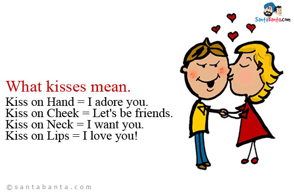 What kisses mean.<br/>
Kiss on Hand = I adore you.<br/>
Kiss on Cheek = Let's be friends.<br/>
Kiss on Neck = I want you.<br/>
Kiss on Lips = I love you!